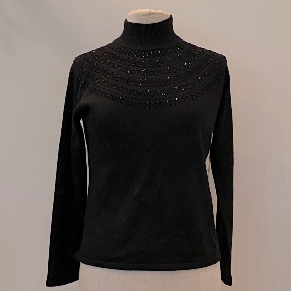 Rena Rowan Womens Black Mock Turtleneck w Beads & Embellishments around Neck/ M